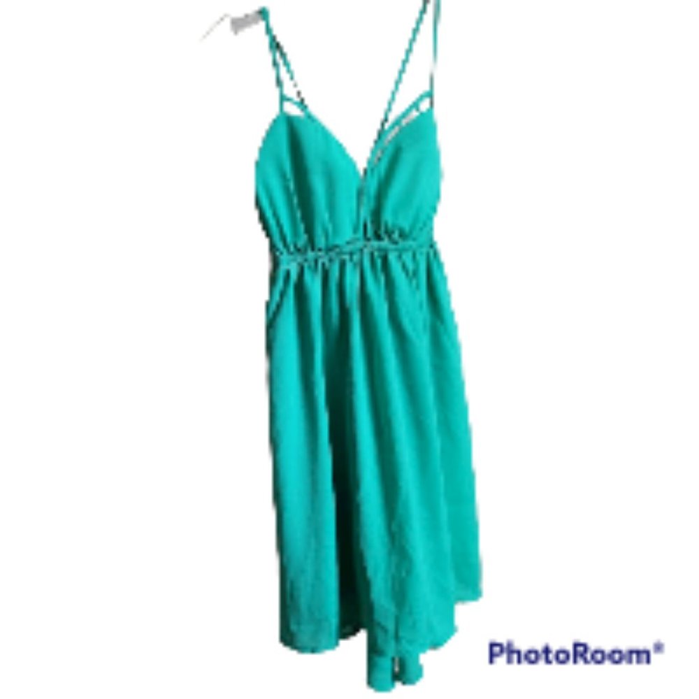 Double Zero Women's Asymmetrical Hem Aqua Floral Pattern Dress Adjustable Straps